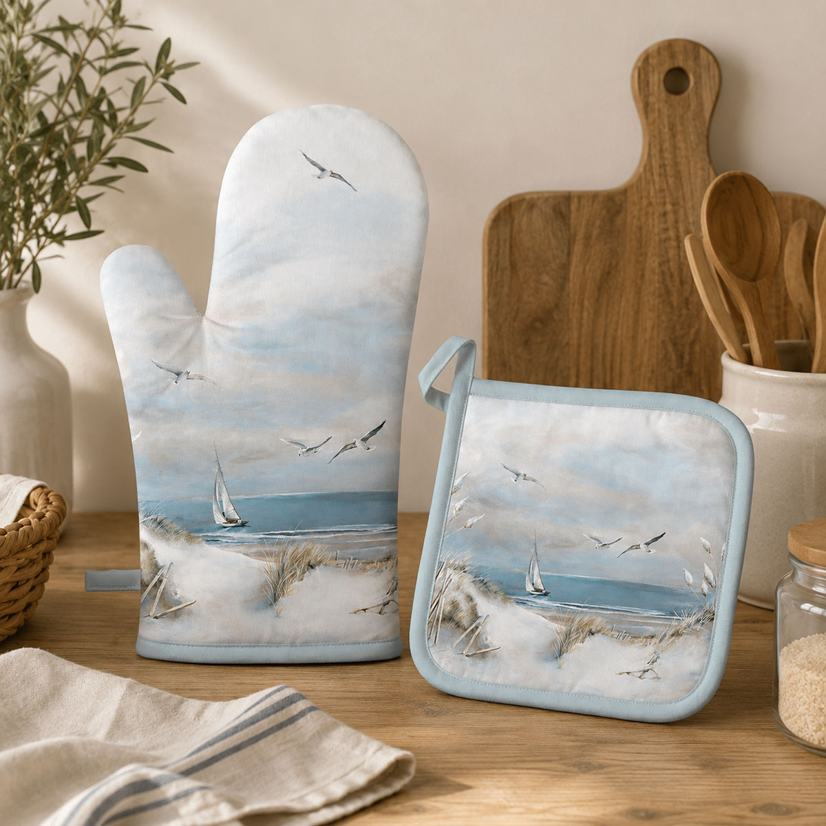 Gant de cuisine bord de mer et mouettes 30 � 18 cm