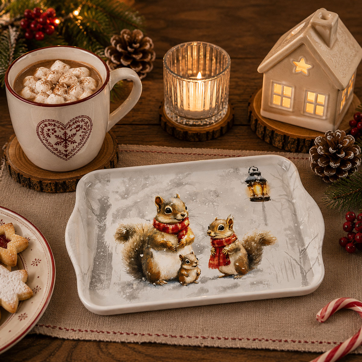 Mini-plateau en m�lamine Famille �cureuils d�Hiver