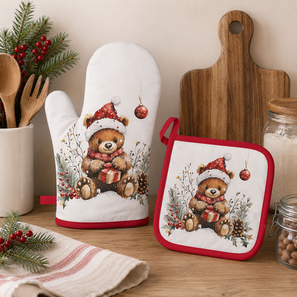 Gant de cuisine ourson de No�l avec cadeau 30 � 18 cm