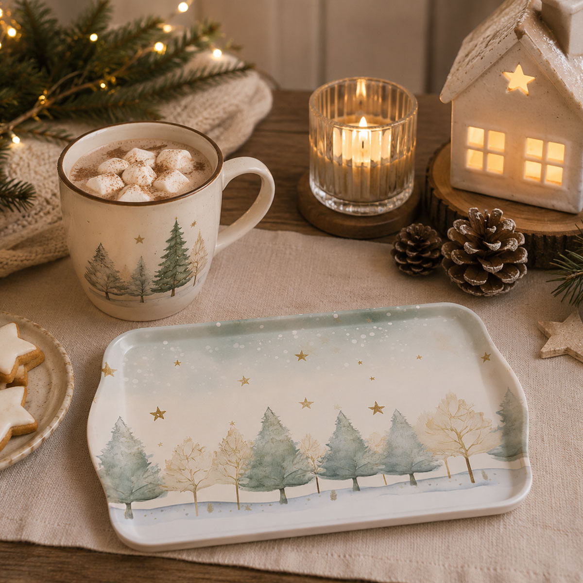 Mini-plateau en m�lamine For�t d'Hiver et �toiles Dor�es