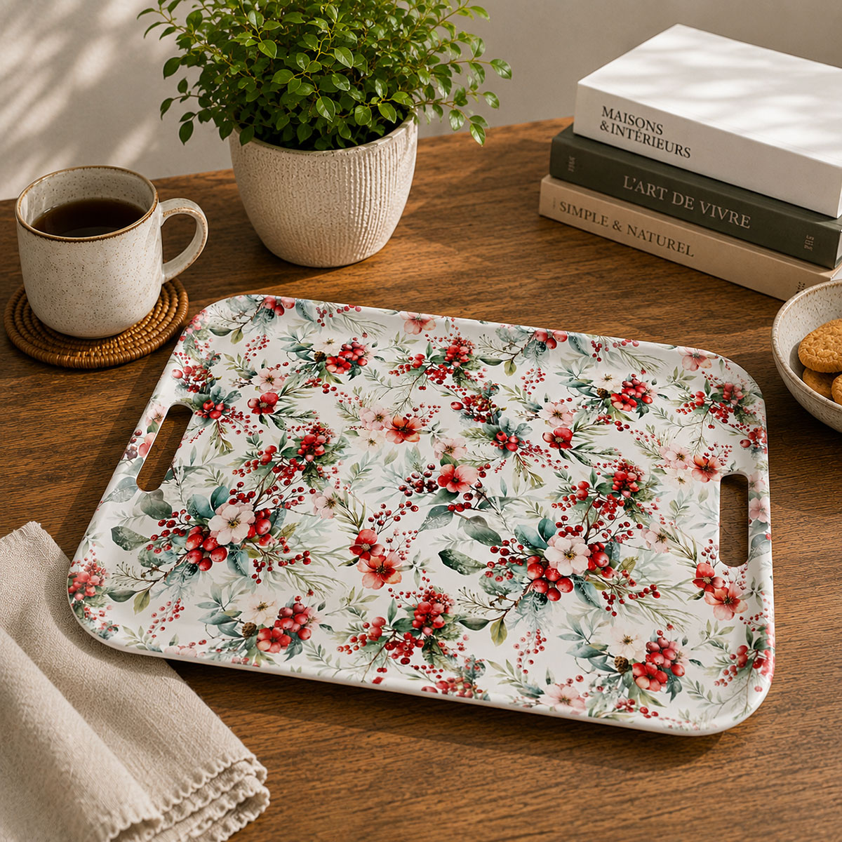 Plateau rectangulaire en m�lamine Baies et Fleurs d�Hiver
