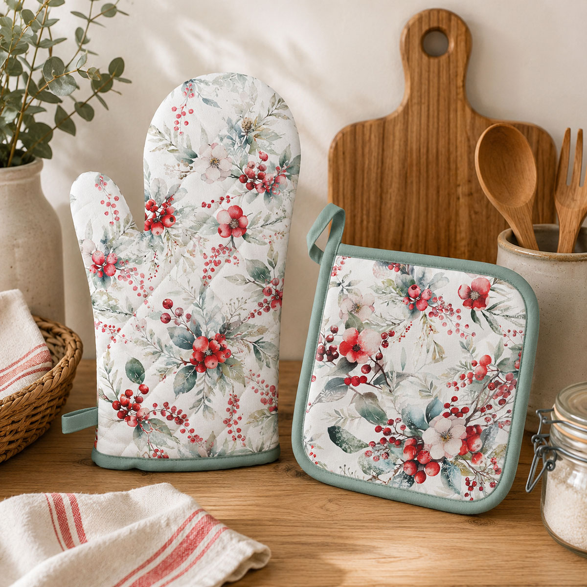 Manique de cuisine fleurs et baies de No�l 20 � 20 cm