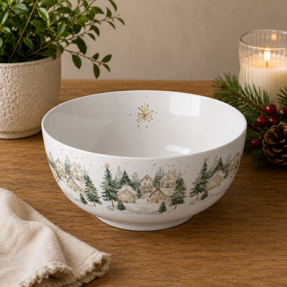 Bol en porcelaine fine d�cor Village de No�l