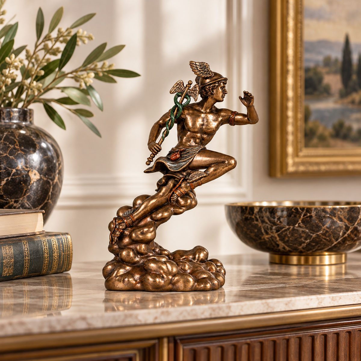 Statue Herm�s en r�sine aspect bronze 20,5 cm