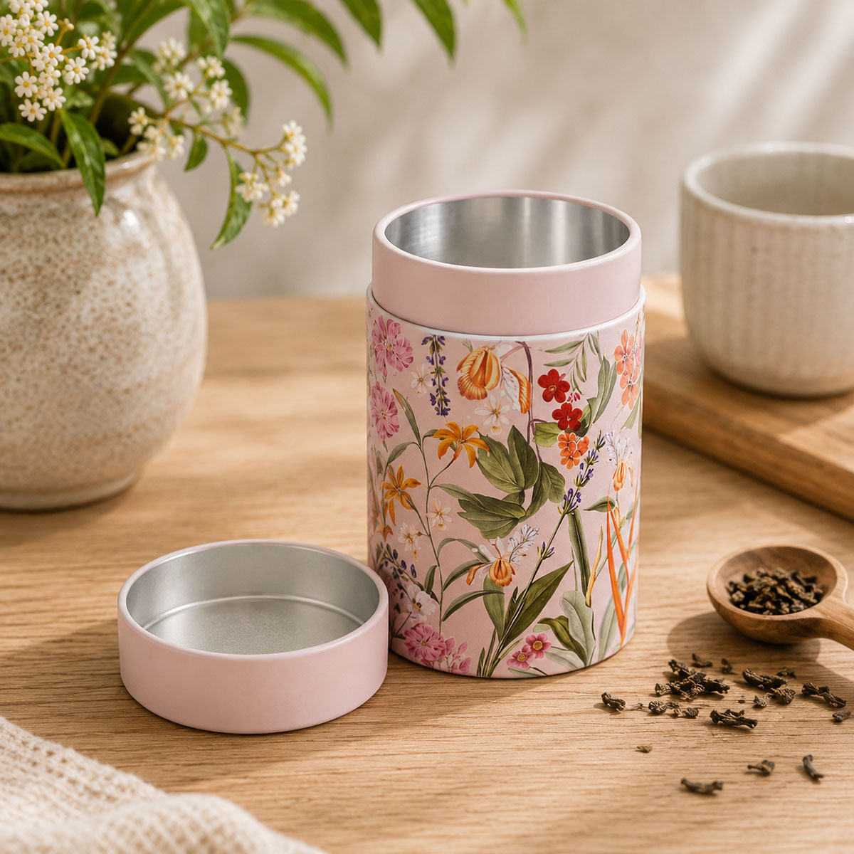 Bo�te � th� Mira rose fleurs 150 g double couvercle