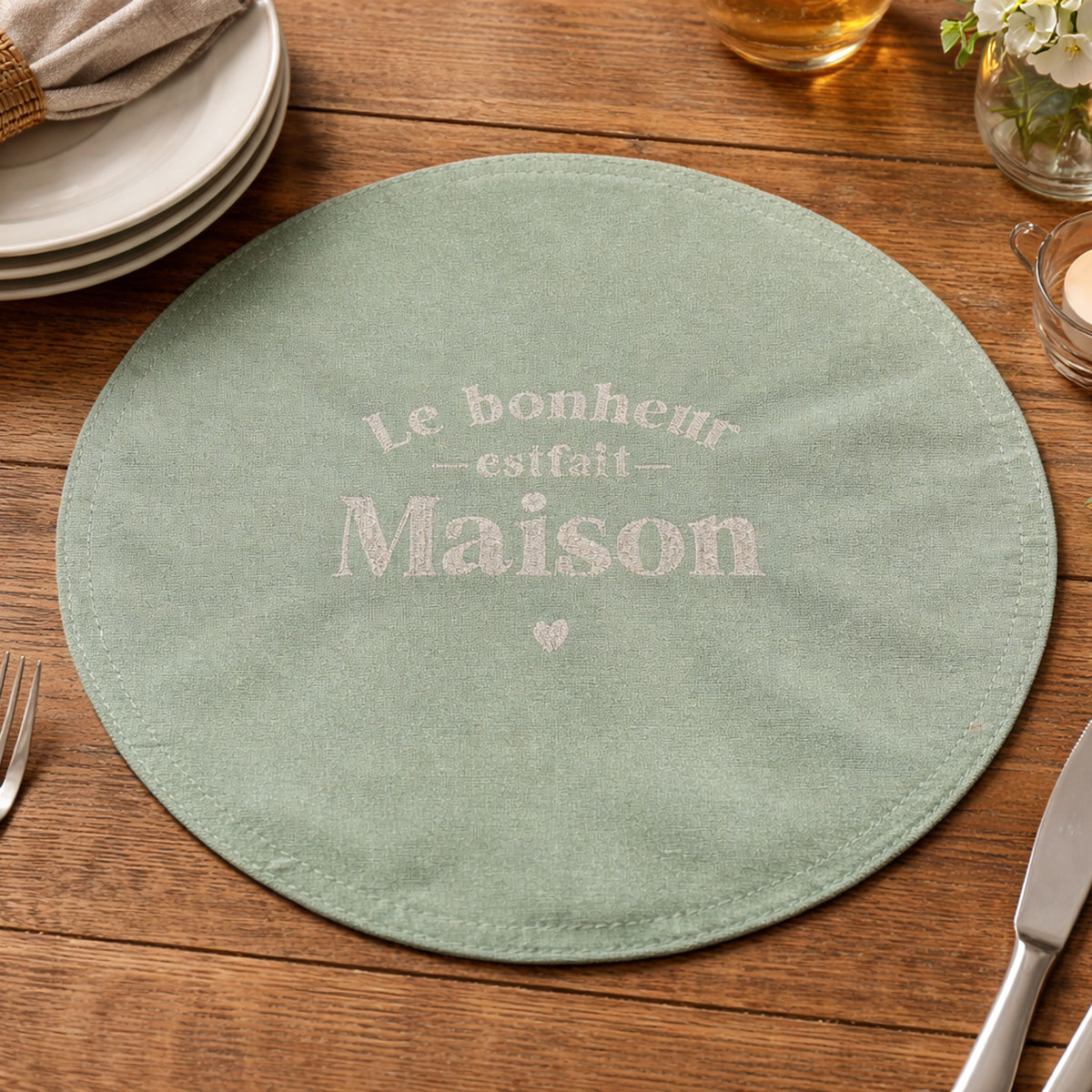 Set de table rond � paillettes Le bonheur est fait maison