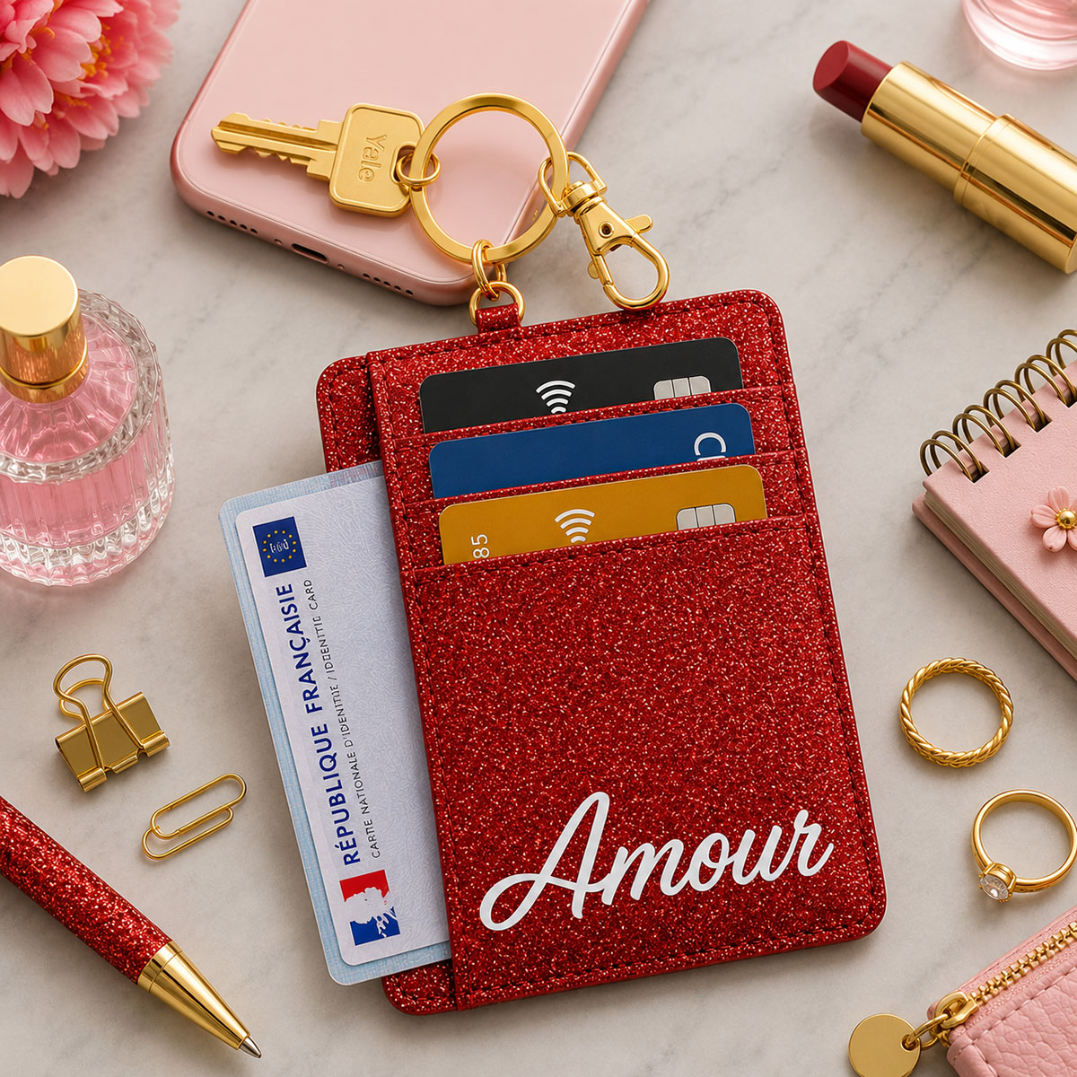 Porte-cartes porte-cl�s Amour en polyester paillet� rouge