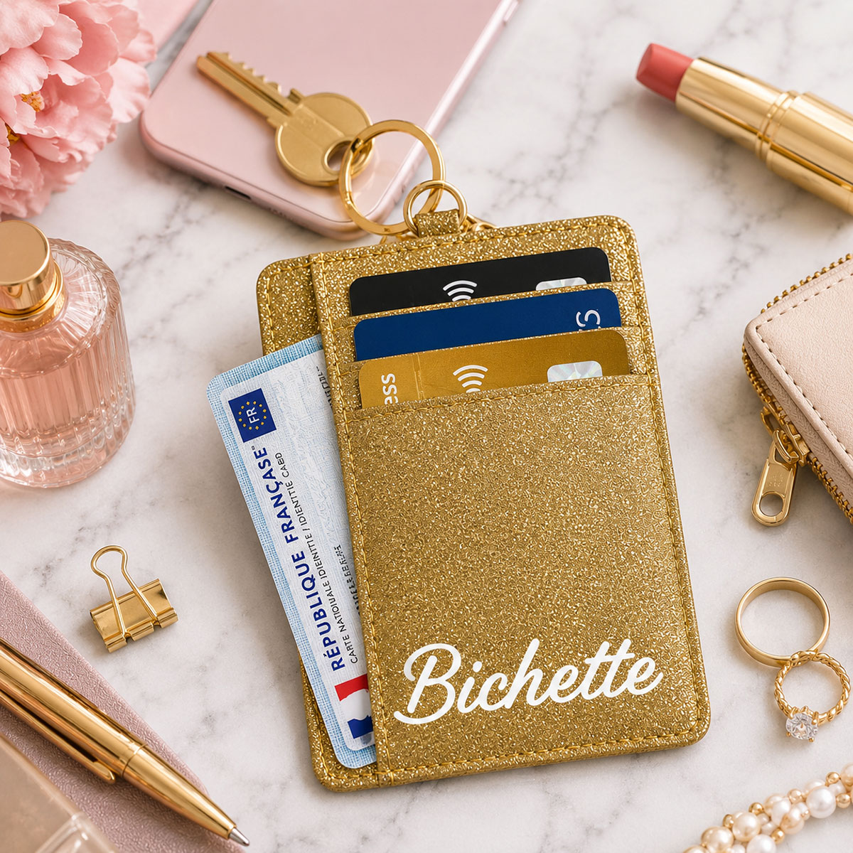 Porte-cartes porte-cl�s Bichette en polyester paillet� dor�