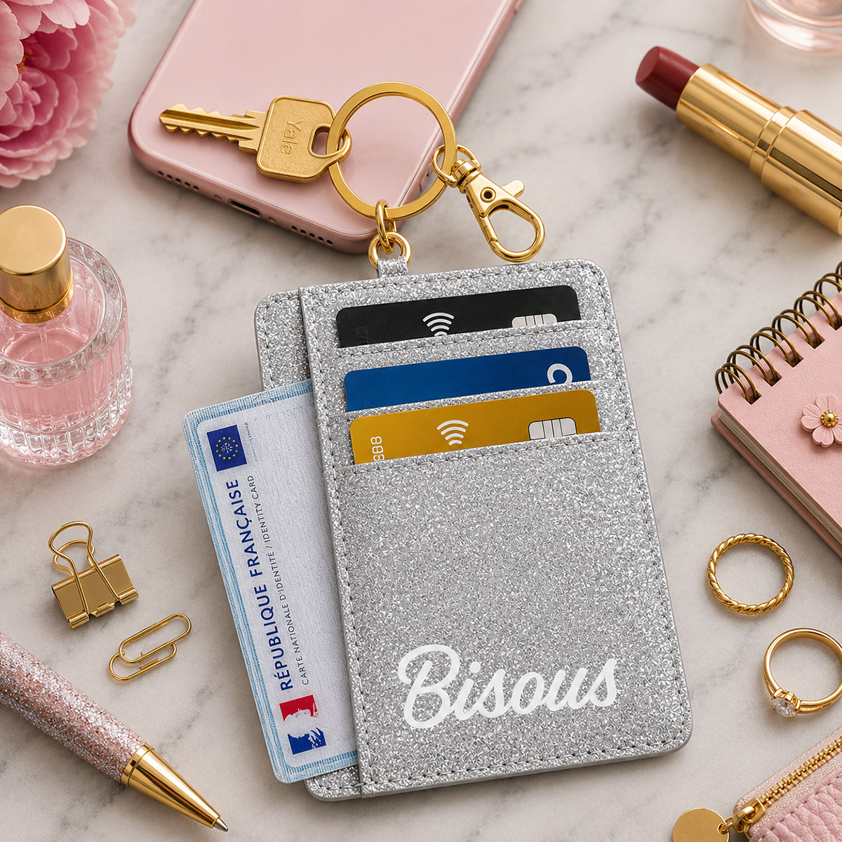 Porte-cartes porte-cl�s Bisous en polyester paillet� argent