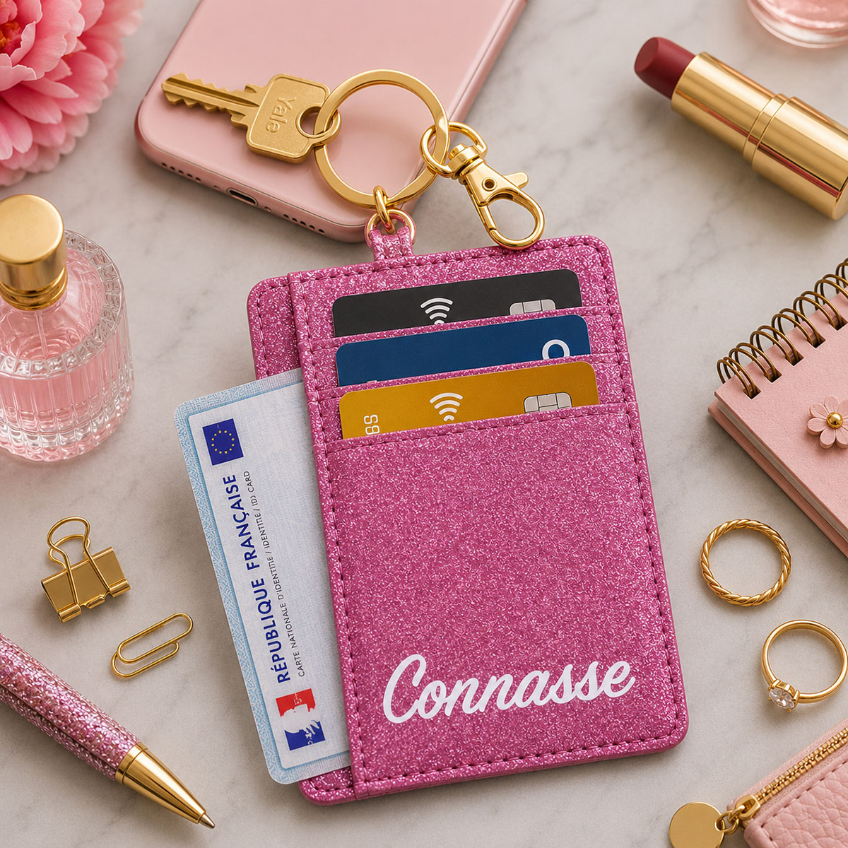 Porte-cartes porte-cl�s Connasse en polyester paillet� rose
