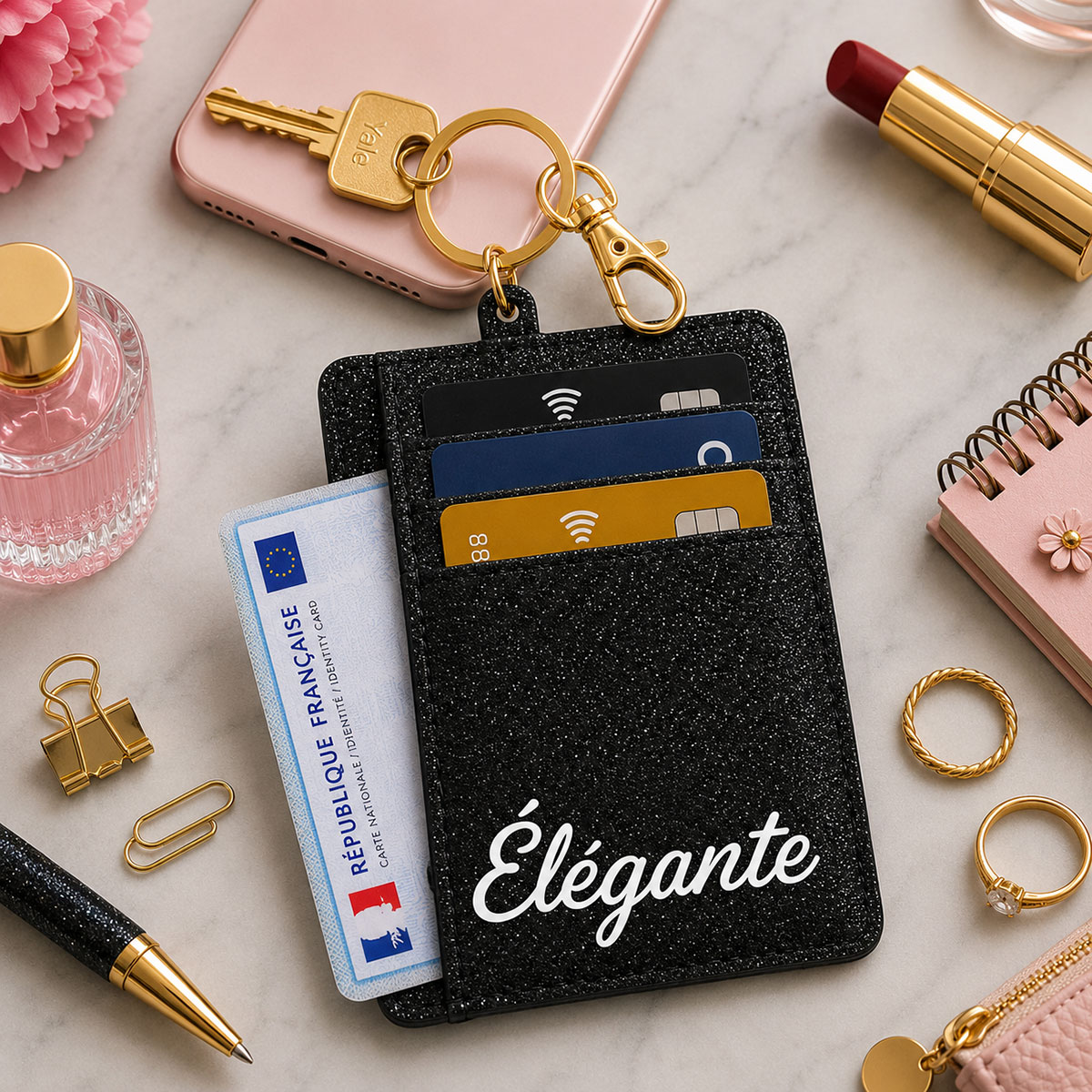 Porte-cartes porte-cl�s �l�gante en polyester paillet� noir