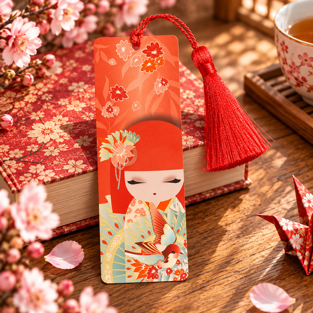 Marque-page Kimmidoll Hiyori avec pompon rose saumon