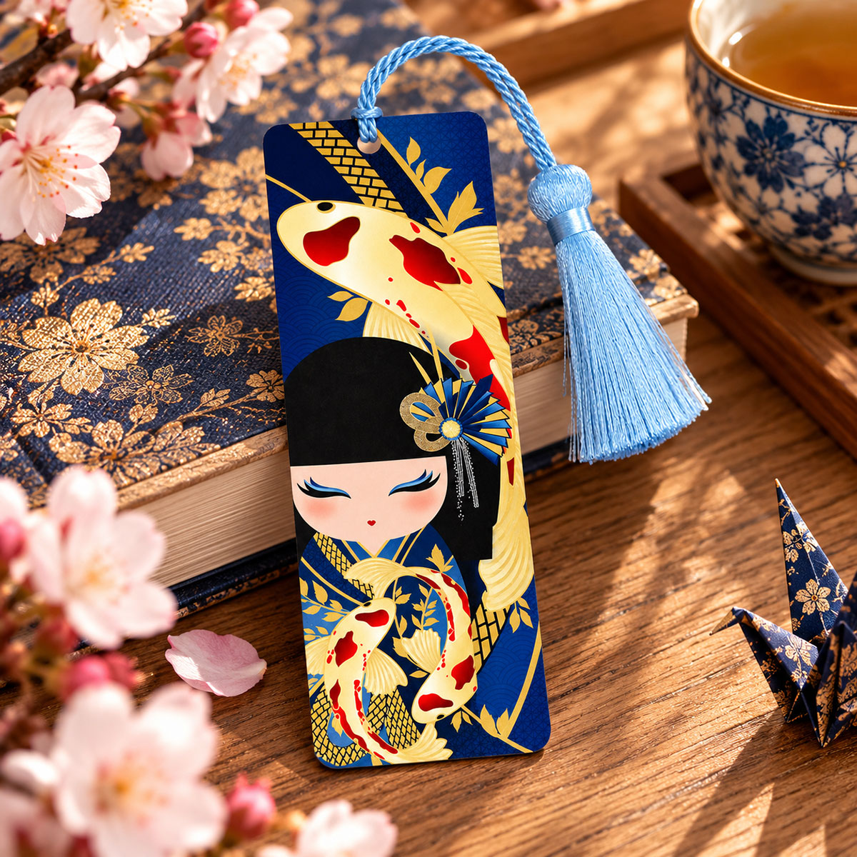 Marque-page Kimmidoll Rikiyo avec pompon bleu carpes ko�