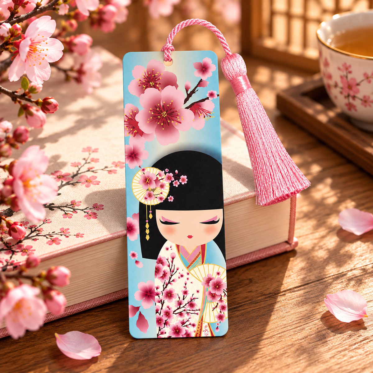 Marque-page Kimmidoll Sakura avec pompon rose sous blister