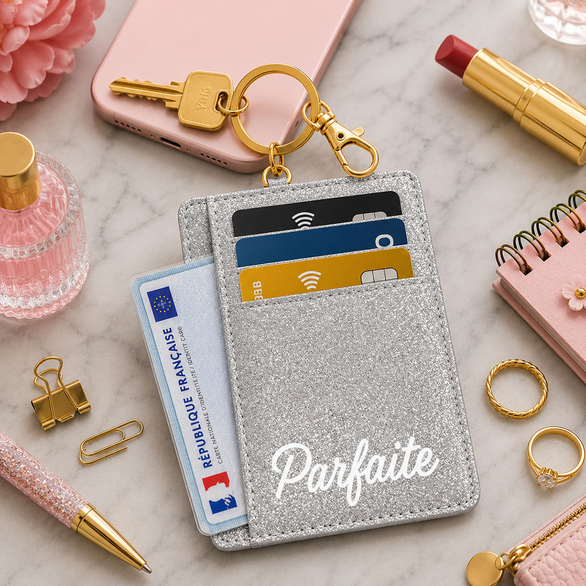Porte-cartes porte-cl�s Parfaite en polyester paillet� argent
