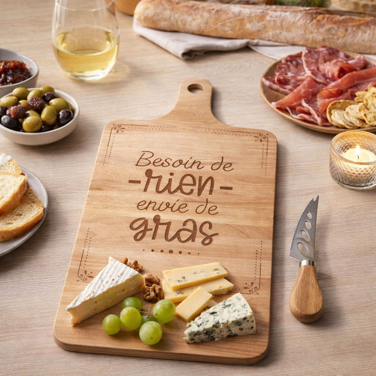 Coffret planche ap�ritif en bambou Besoin de rien...