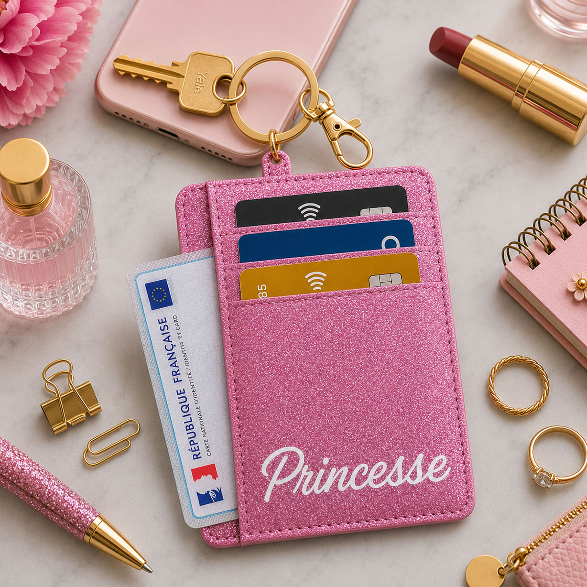 Porte-cartes porte-cl�s Princesse en polyester paillet� rose