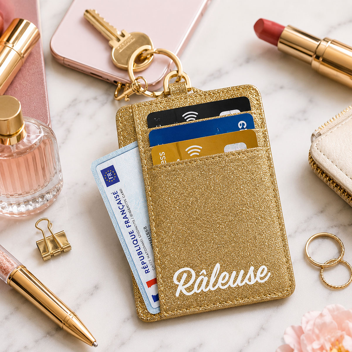 Porte-cartes porte-cl�s paillet� R�leuse dor�