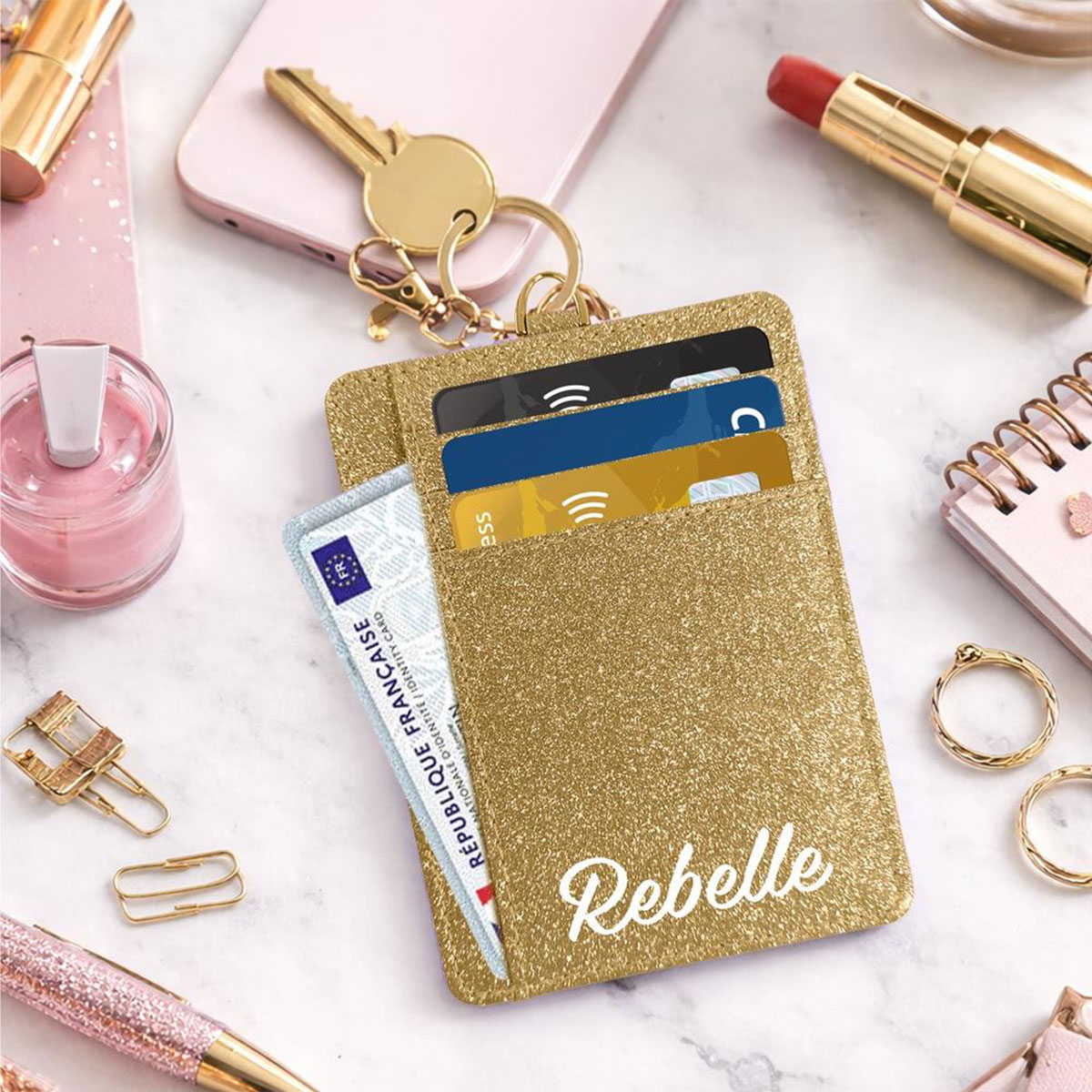 Porte-cartes porte-cl�s Rebelle en polyester paillet� dor�