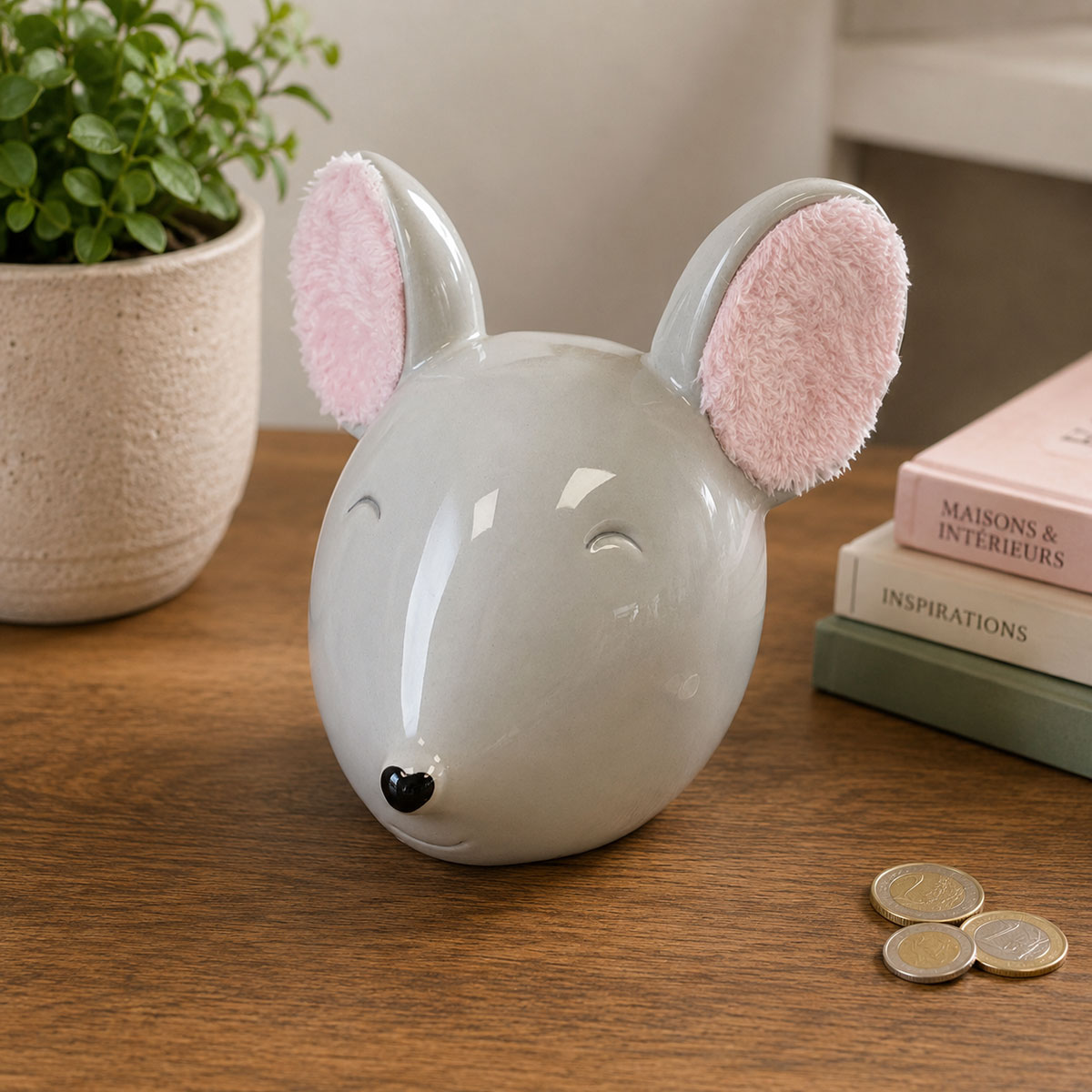 Tirelire t�te de souris grise avec oreilles en peluche
