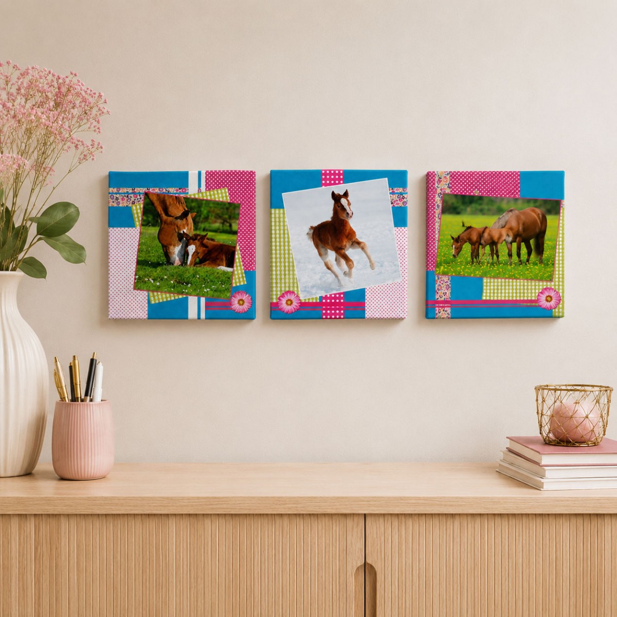Cadre Cheval Patchwork en toile imprim�e 28 x 28 cm