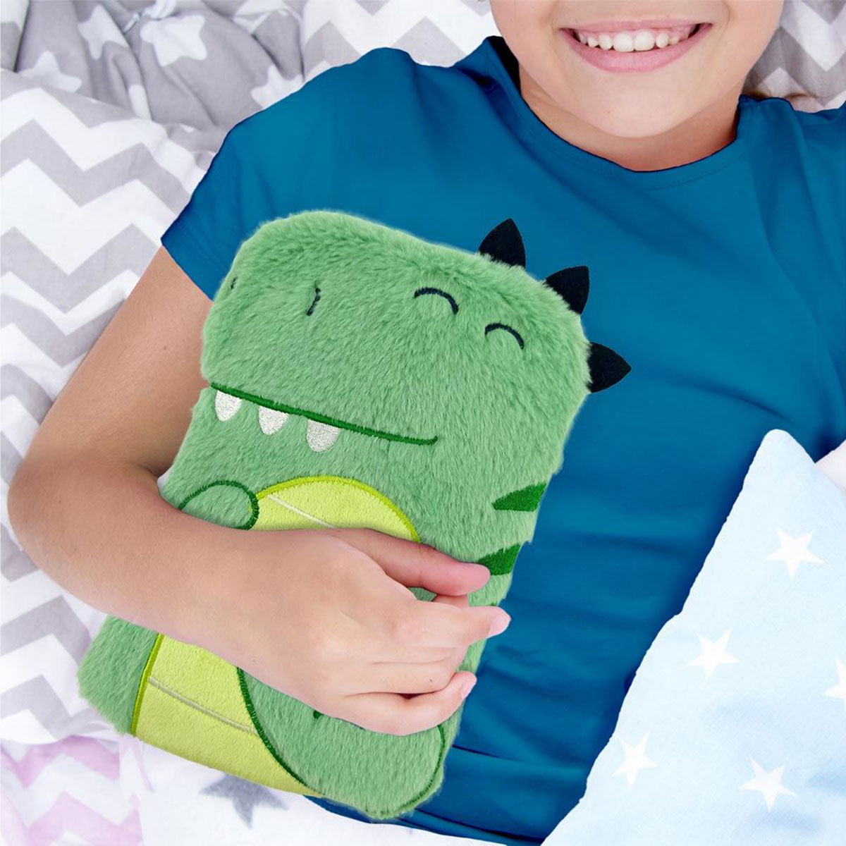 Bouillotte pour enfant dinosaure en fourrure verte  27 x 16 cm