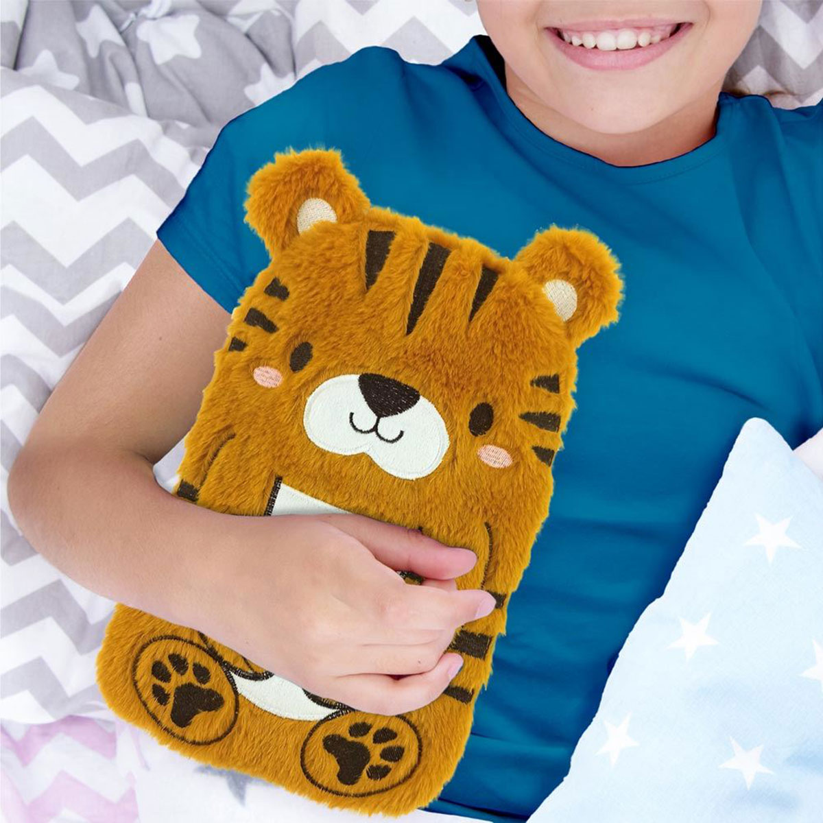 Bouillotte pour enfant tigre en fourrure douce  27 x 16 cm