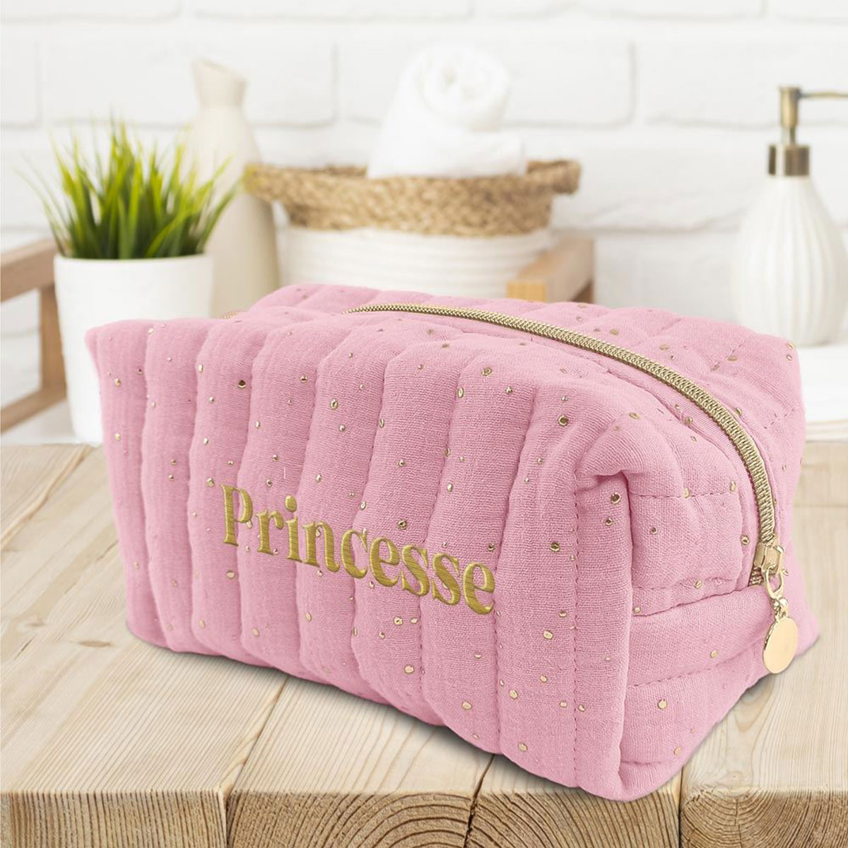 Trousse de toilette princesse en gaze de coton rose