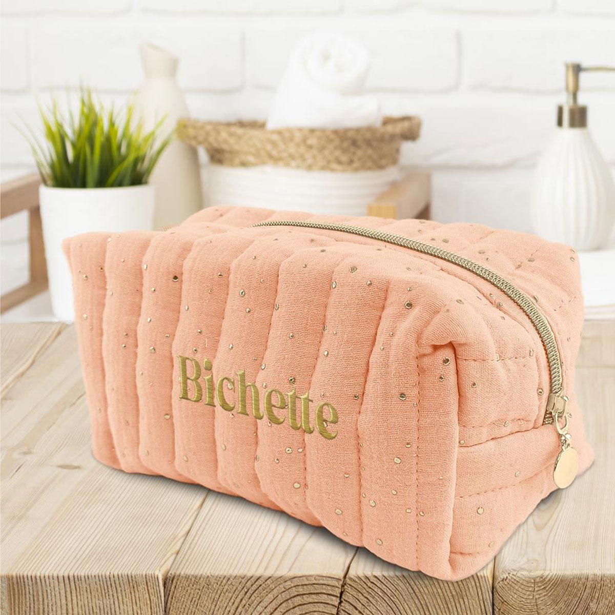 Trousse de toilette bichette en gaze de coton rose p�che