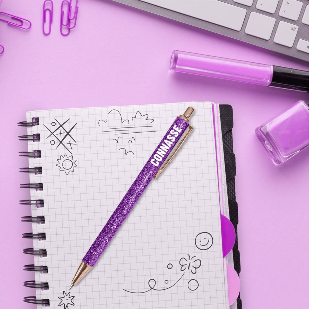 Stylo � paillettes violet Connasse