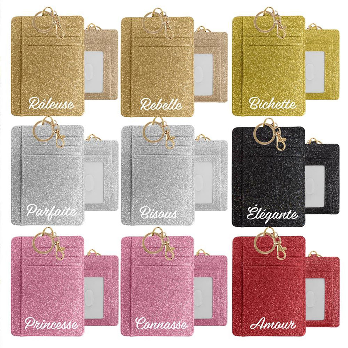 Porte-cartes porte-cl�s Bichette en polyester paillet� dor�