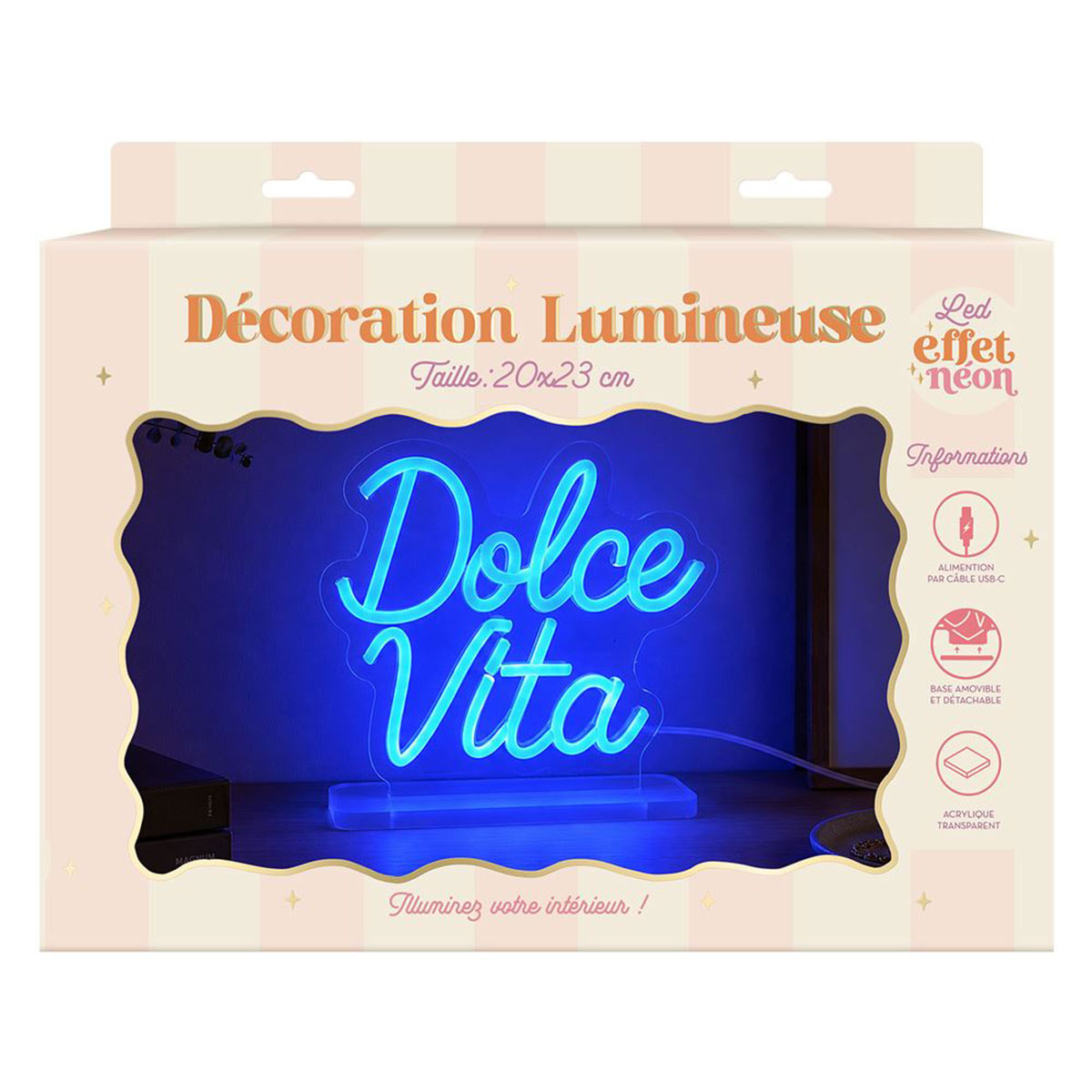 Lampe LED effet n�on Dolce Vita bleue USB 20 � 23 cm