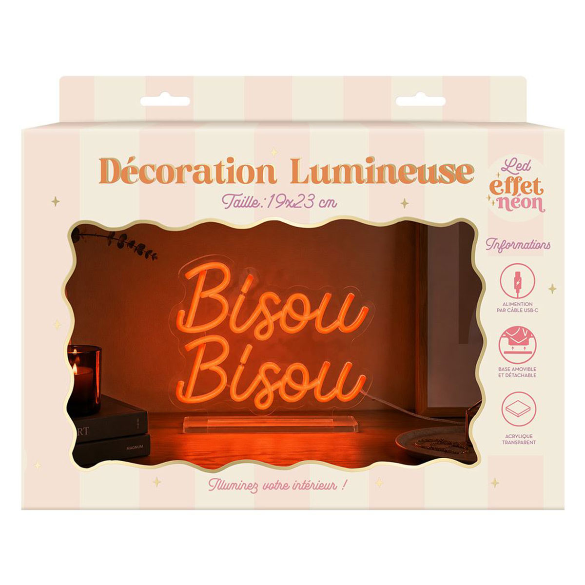 Lampe LED effet n�on Bisou Bisou orange USB 19 � 23 cm