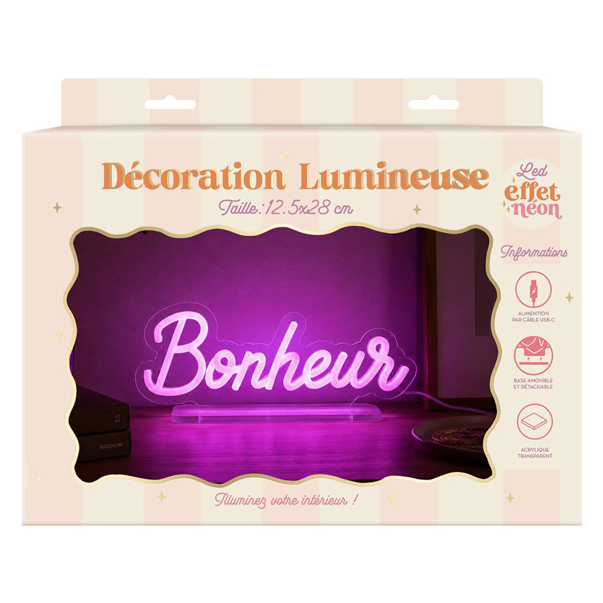 Lampe LED effet n�on Bonheur rose USB 12,5 � 28 cm