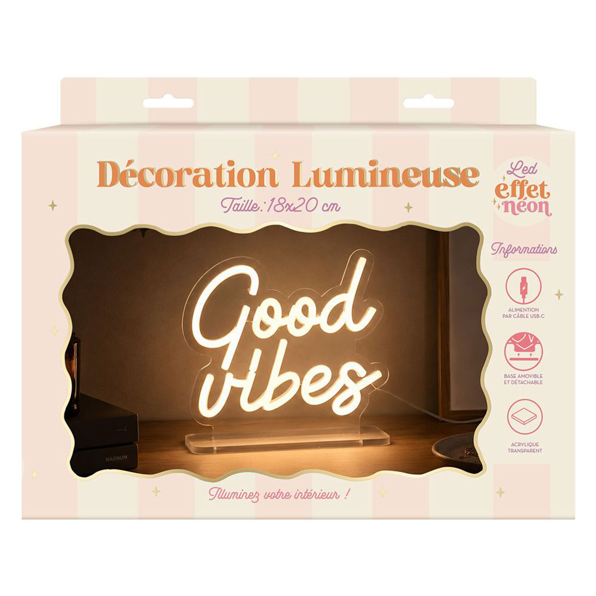 Lampe LED effet n�on Good Vibes blanc chaud USB 18 � 20 cm