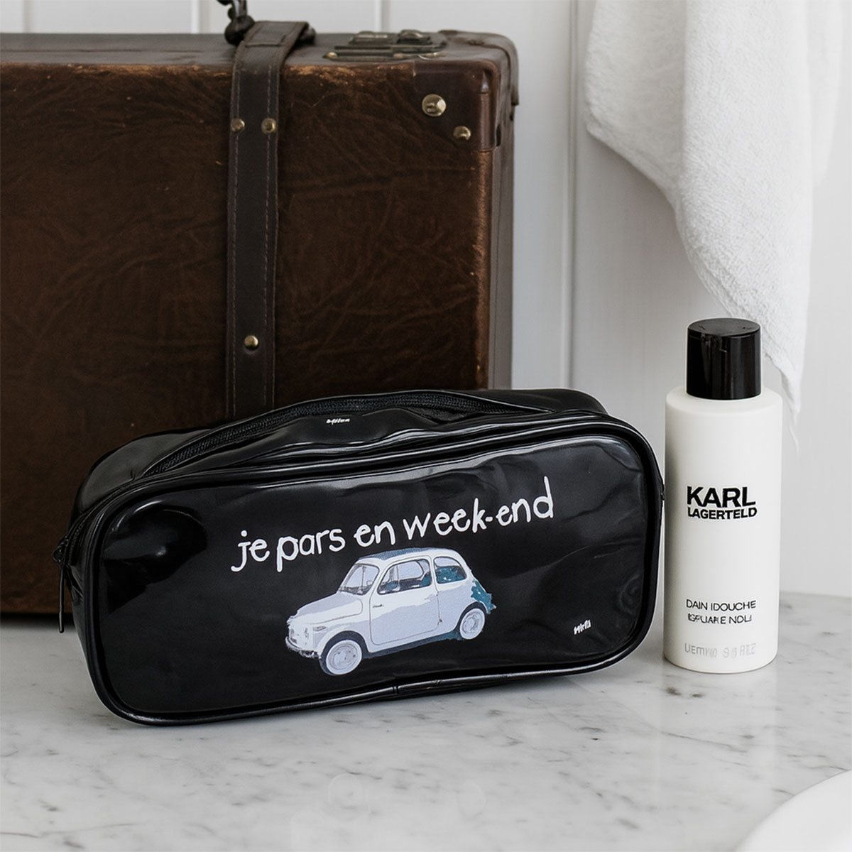 Trousse noire rectangulaire Je pars en Week-end