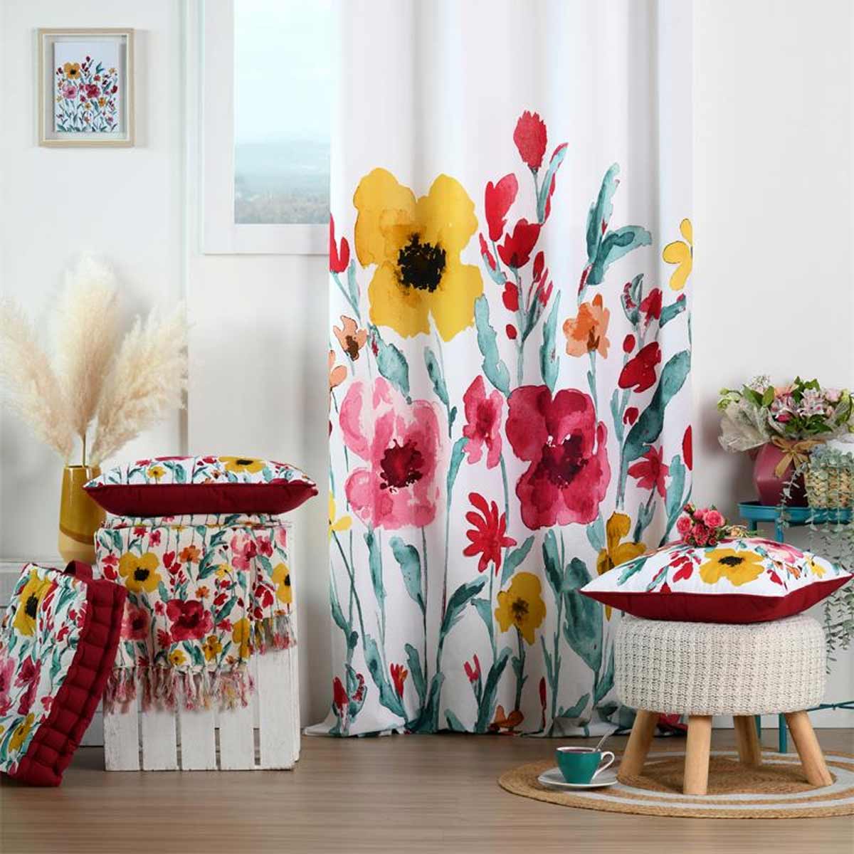Coussin de sol en coton 44 x 44 x 9 cm - Fleurs  l'aquarelle