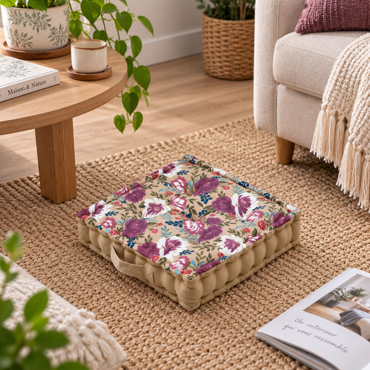 Coussin de sol carr� fleuri augusta 45 x 45 cm en coton