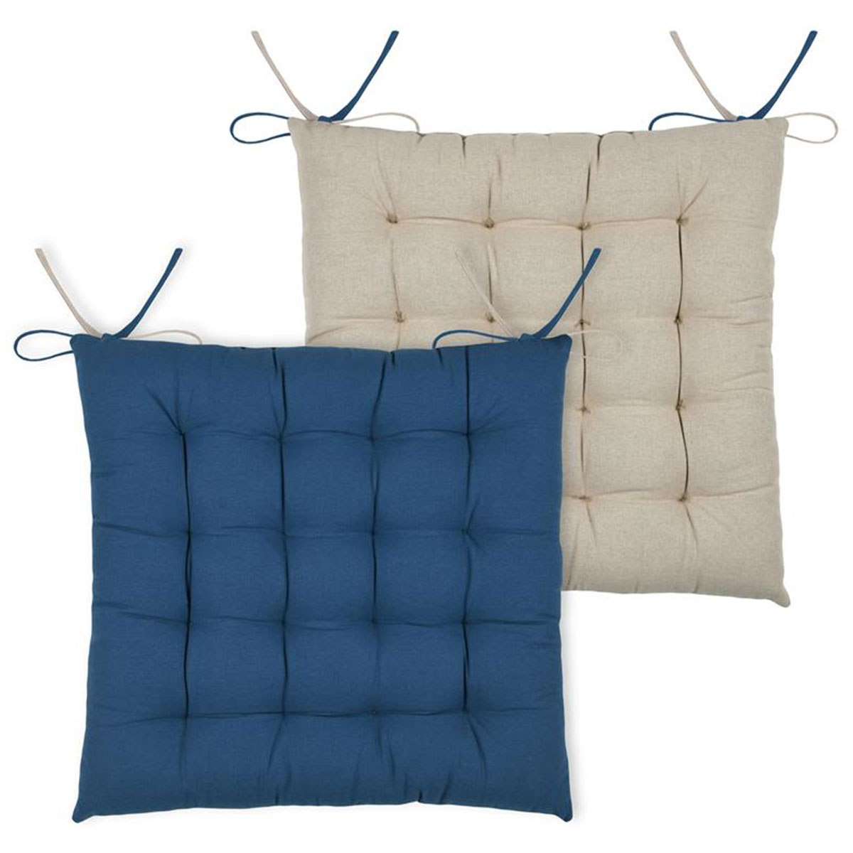 Galette de chaise r�versible bleu et naturel 40 x 40 cm