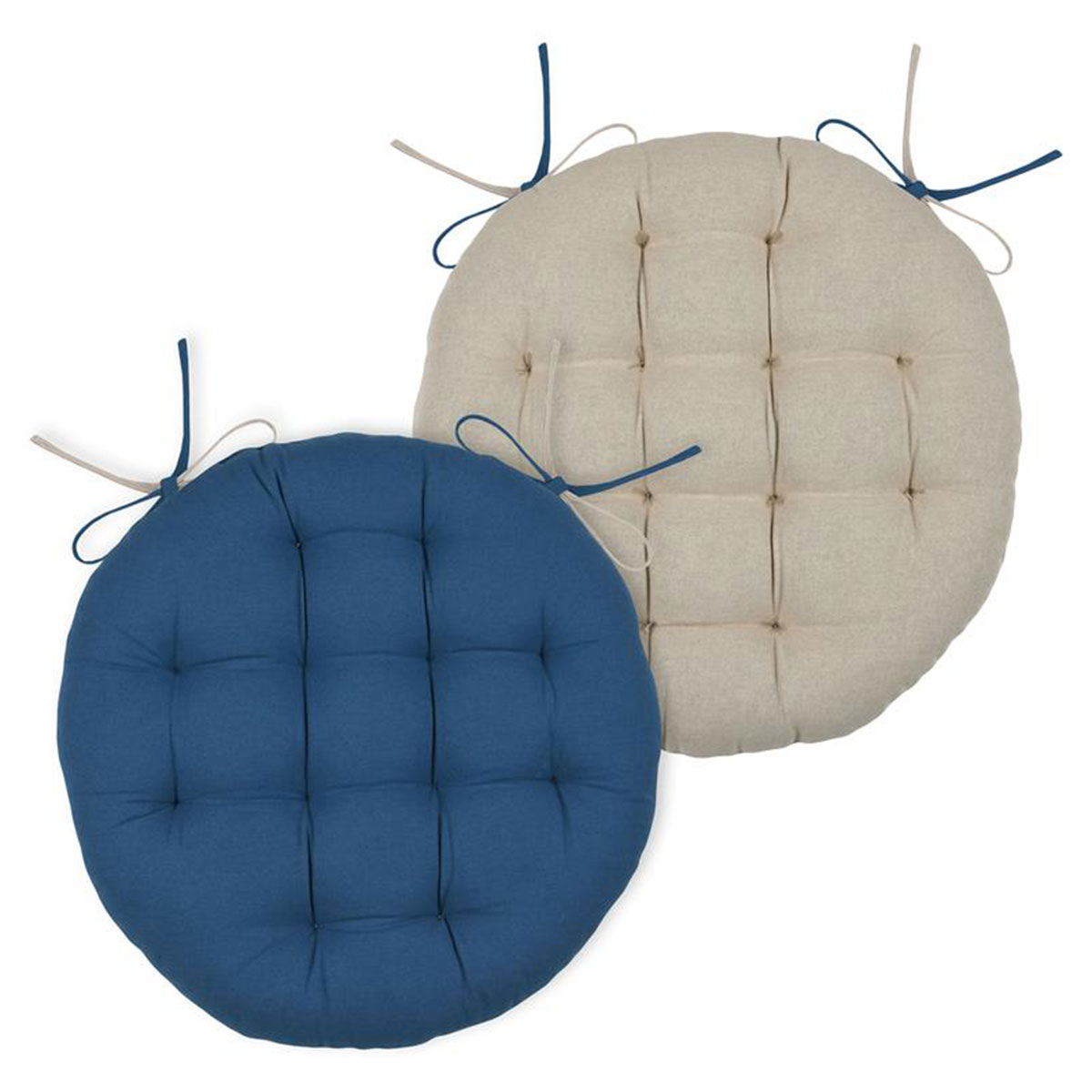 Galette de chaise ronde r�versible bleu et naturel 38 cm