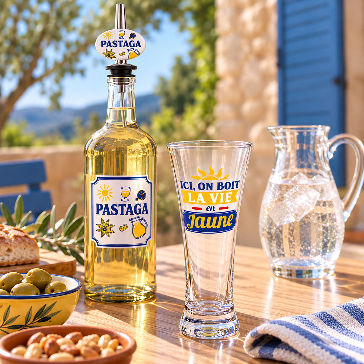 Coffret cadeau pastis La vie en jaune avec verre et bec verseur