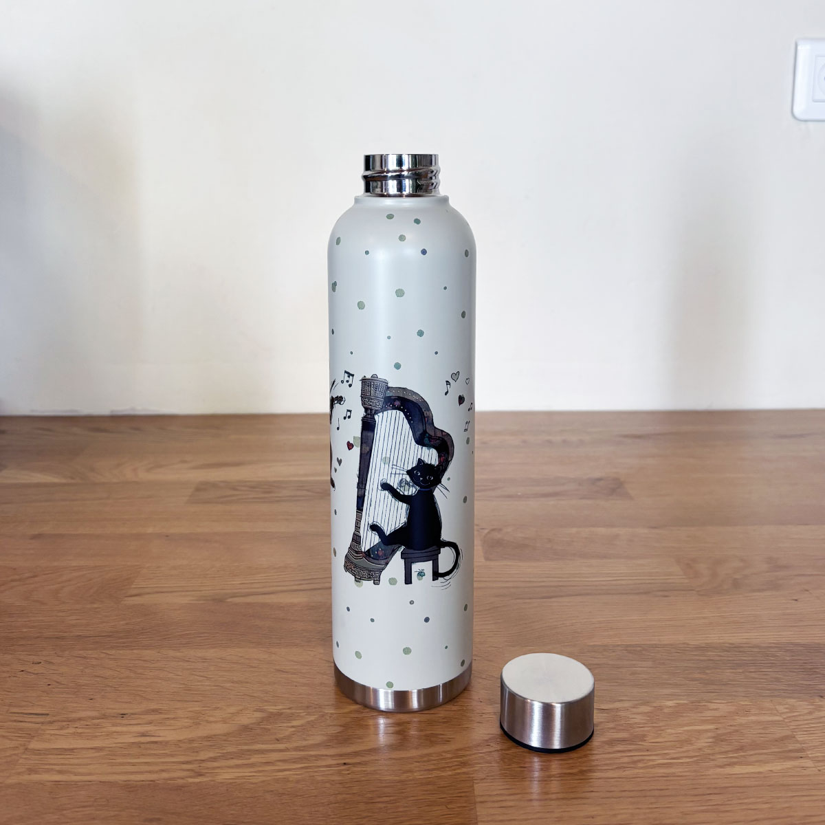 Bouteille isotherme beige en inox Chat Musicien  750 ml
