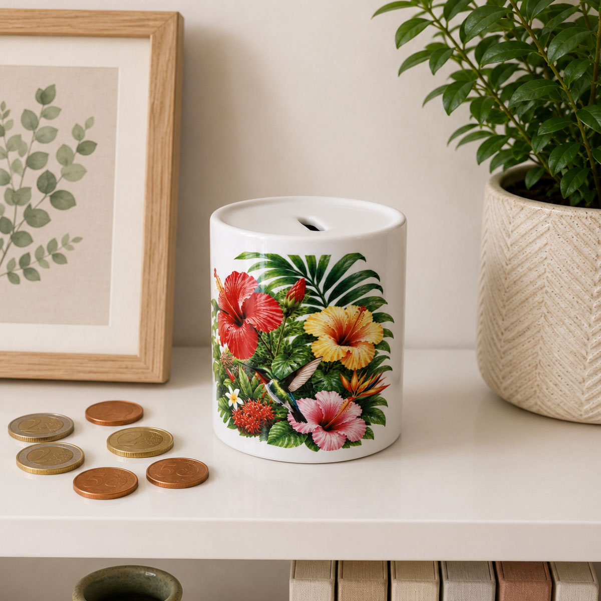 Tirelire c�ramique colibris et fleurs tropicales