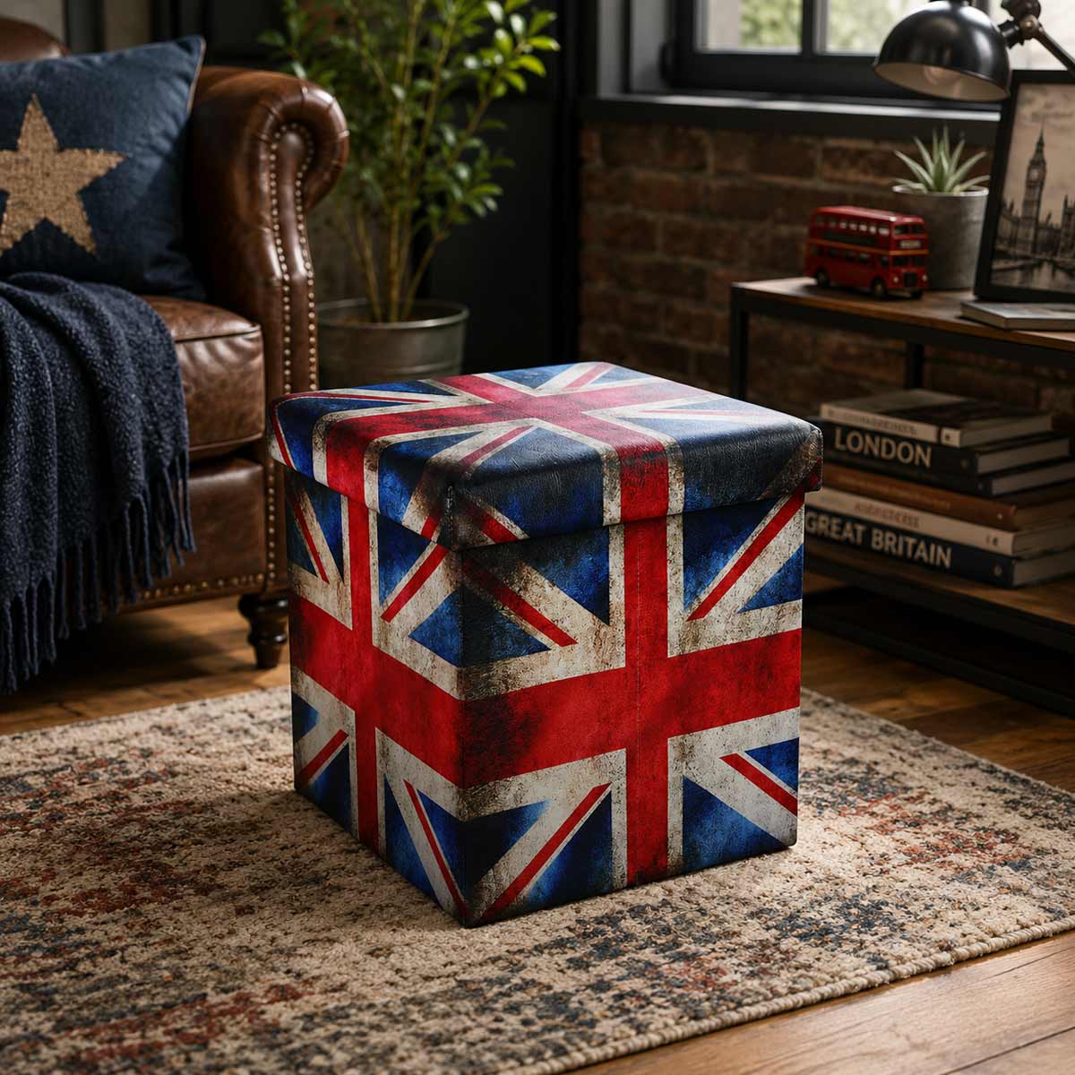 Pouf bo�te de rangement Union Jack en simili cuir 37 cm