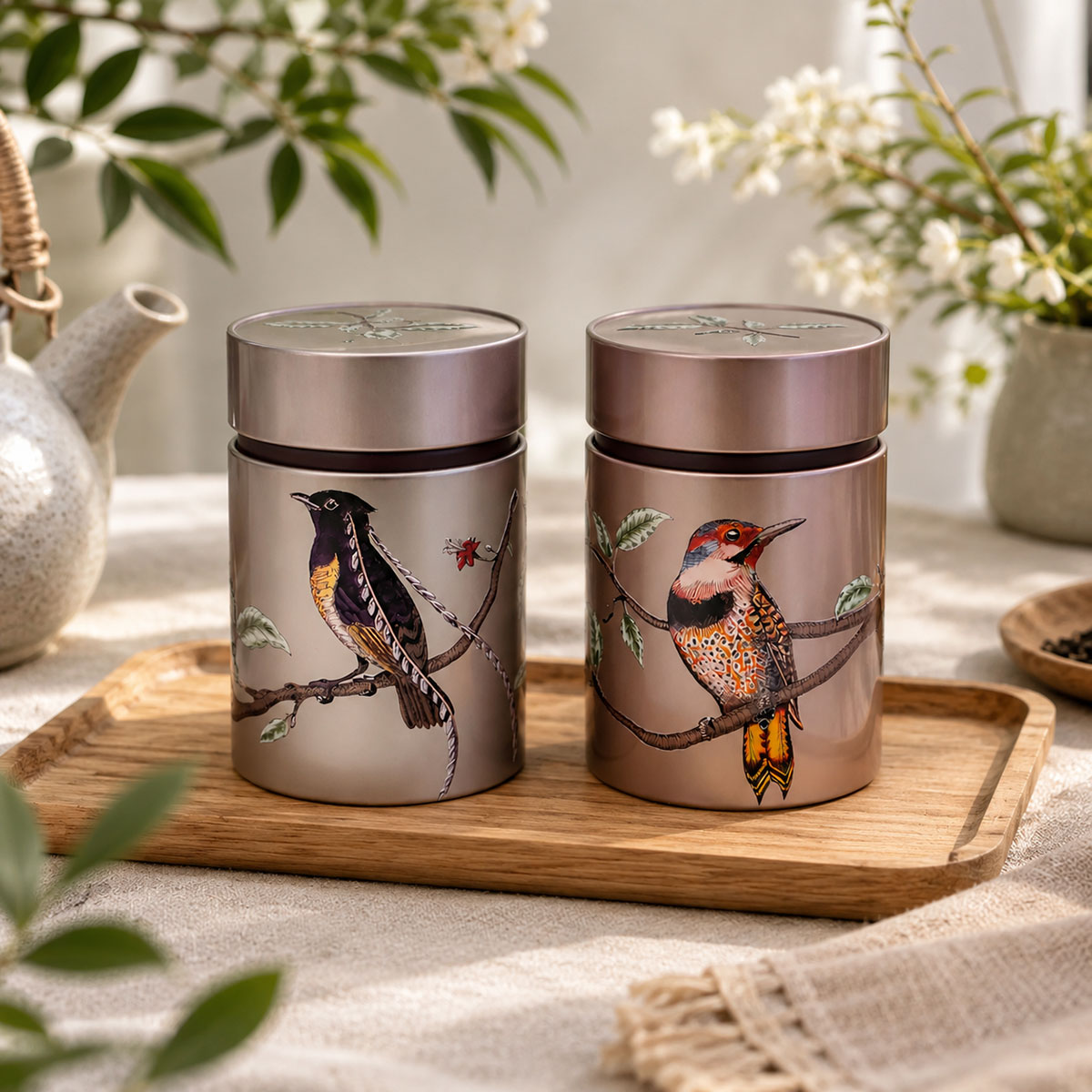 Bo�te � th� oiseaux rose en m�tal 150 g double couvercle