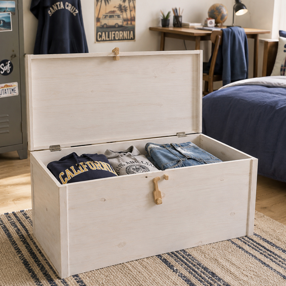 Coffre en bois de pin lasur� blanc fait main