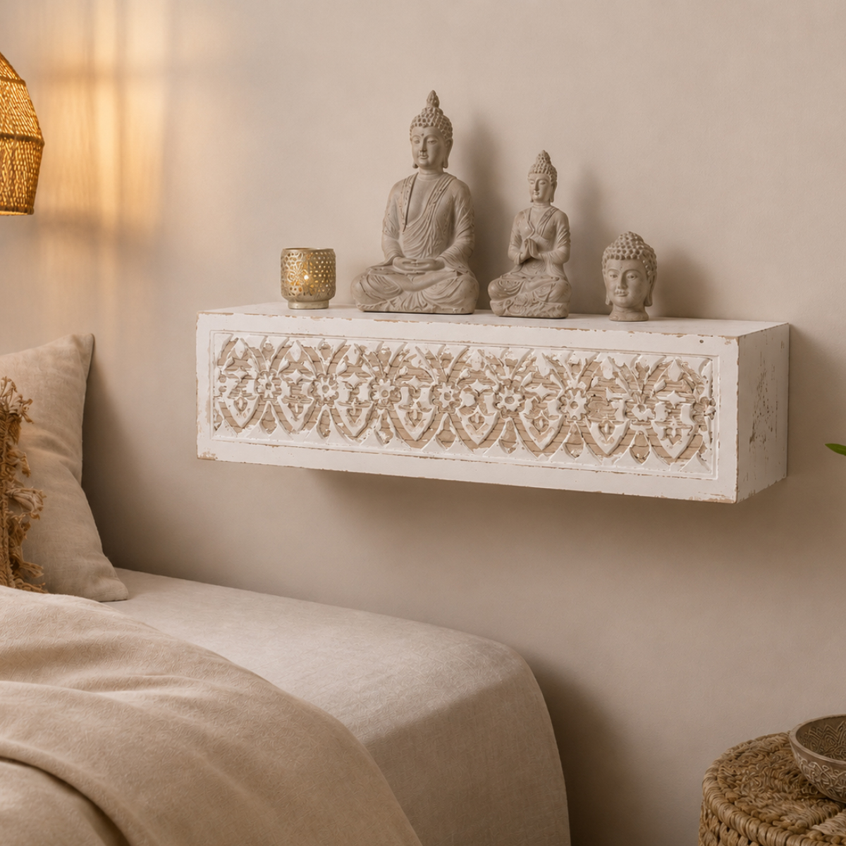 Meuble �tag�re ethnique en bois Patine blanc