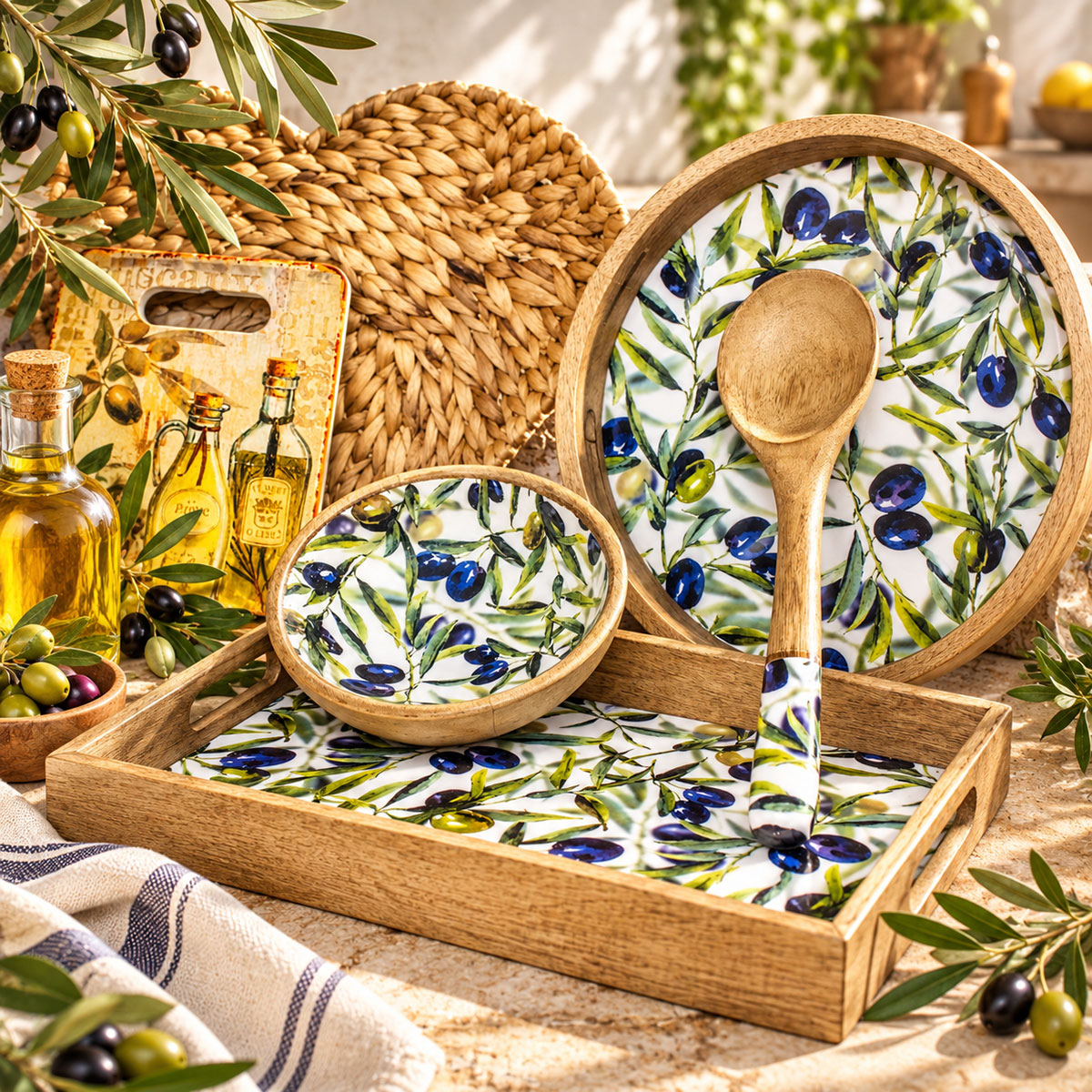 Bol en bois de manguier d�cor olives et olivier 20 cm