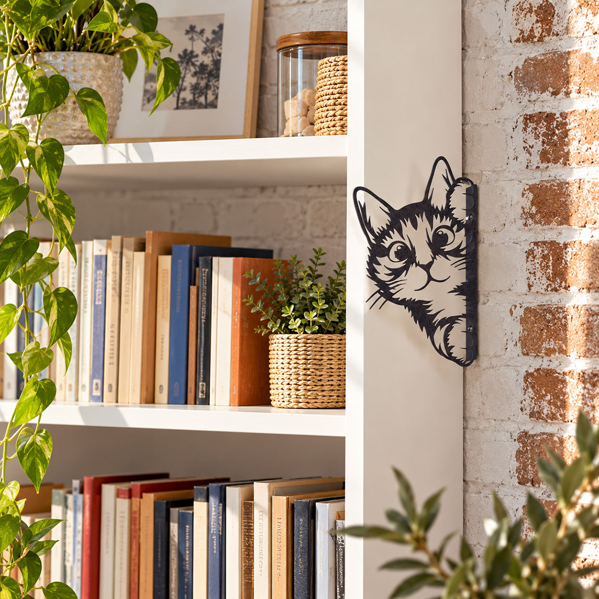 D�coration murale chat qui se cache en m�tal effet rouille 20 cm