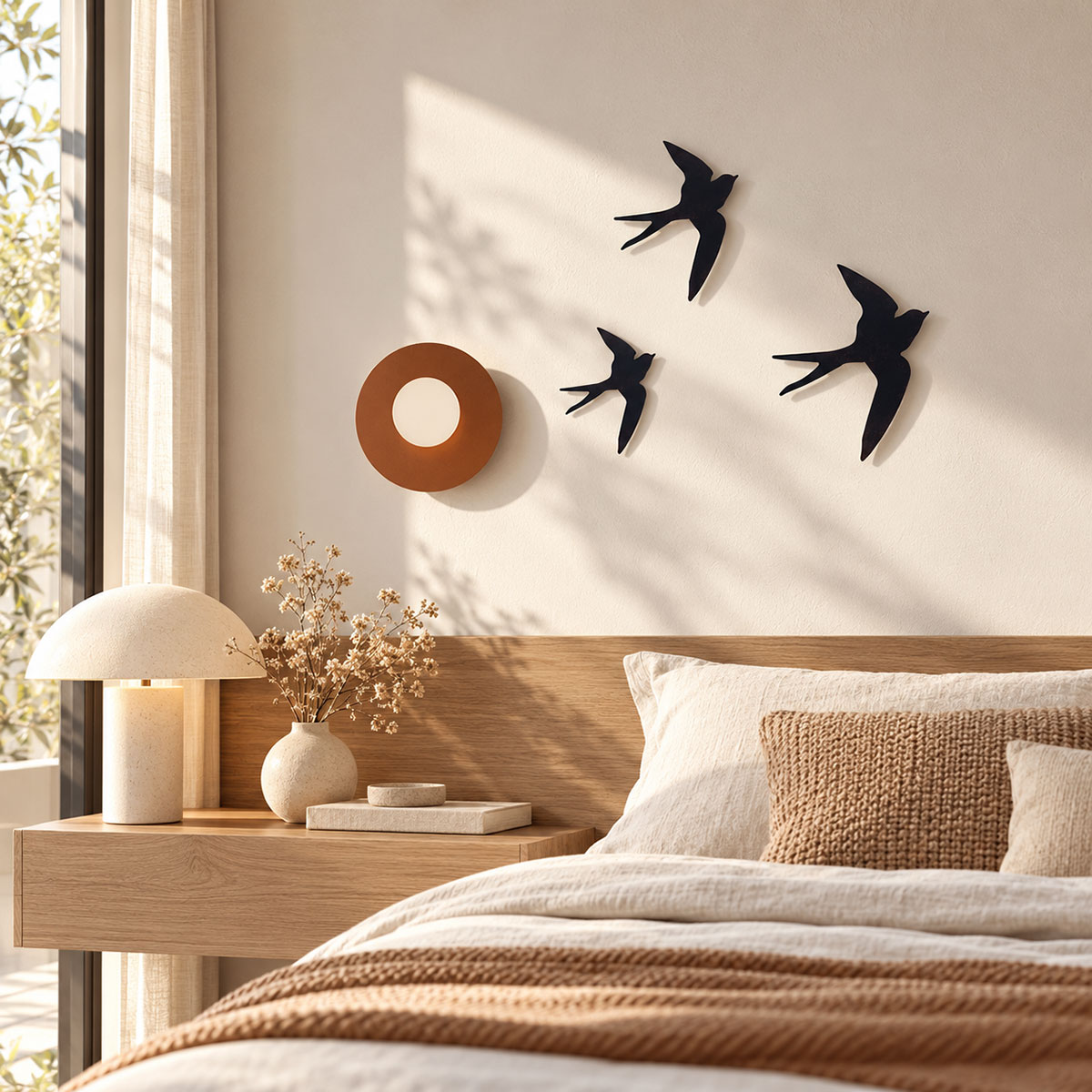 D�coration murale 3 hirondelles en m�tal noir 30 cm